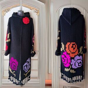 Black Roses Floral Knit Fringe Hooded Long Sweater L/XL